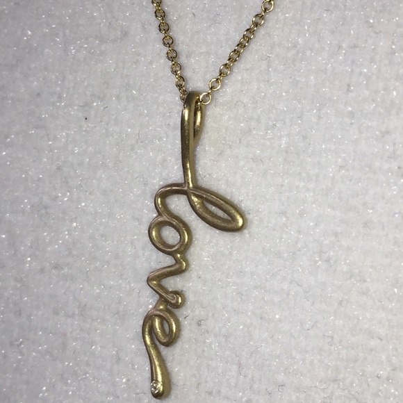 Word love Script Cursive Diamond Pendant Solid 14K Yellow Gold Chain Necklace - Picture 1 of 9